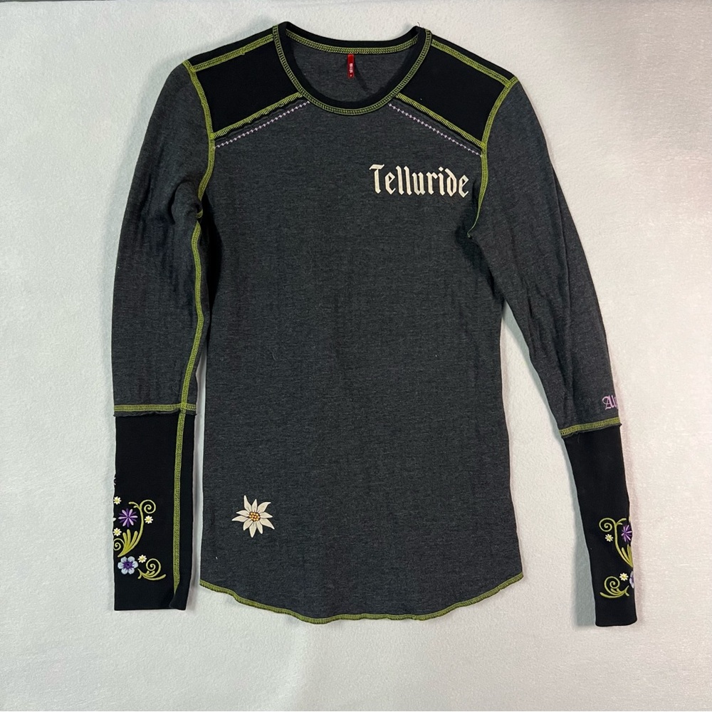 Alp N Rock Gray Long Sleeve Tee with Floral Embroidery